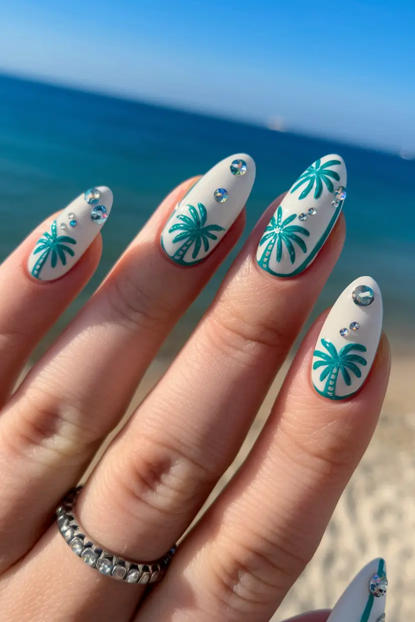 ocean vibe nails white teal palm trees and rhinestones
