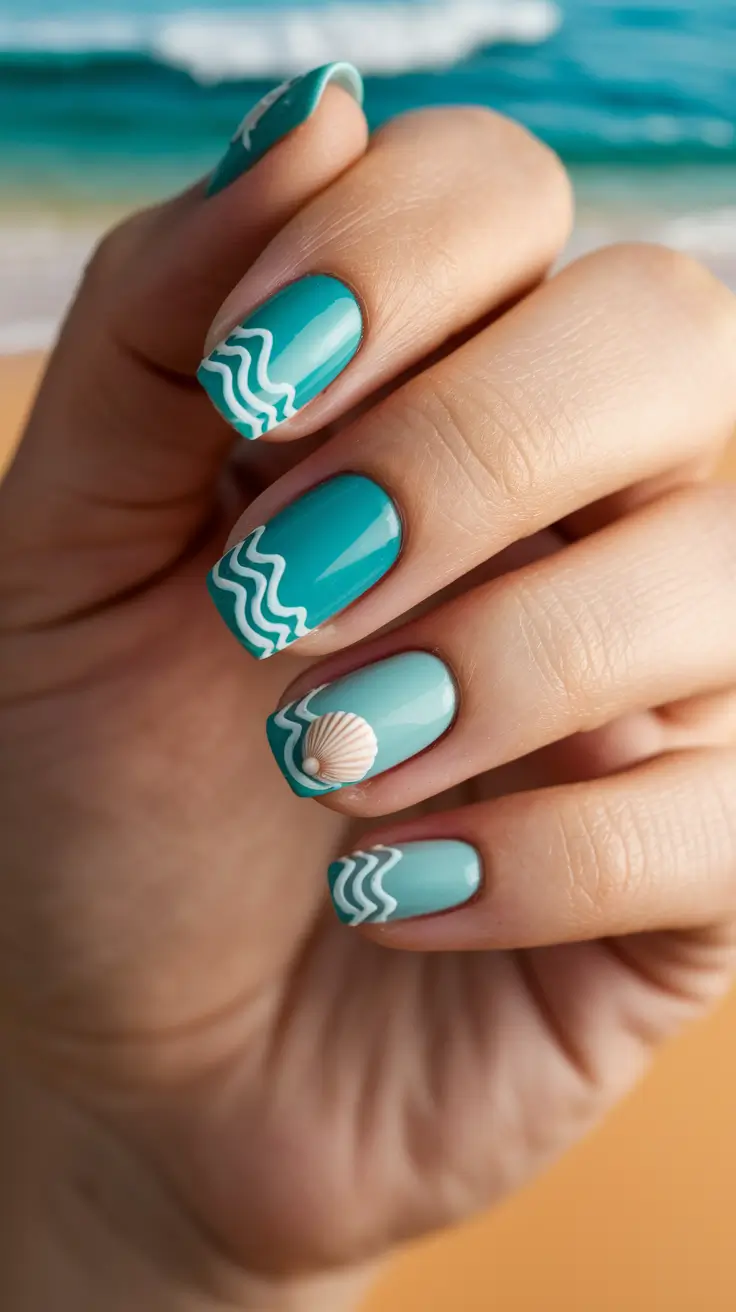 ocean vibe nails Waves and Shells on Turquoise