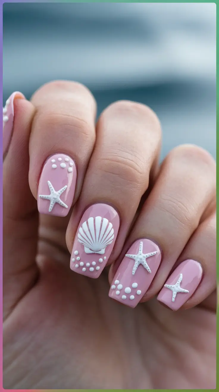 ocean vibe nails pink seashell dreams on blush pink