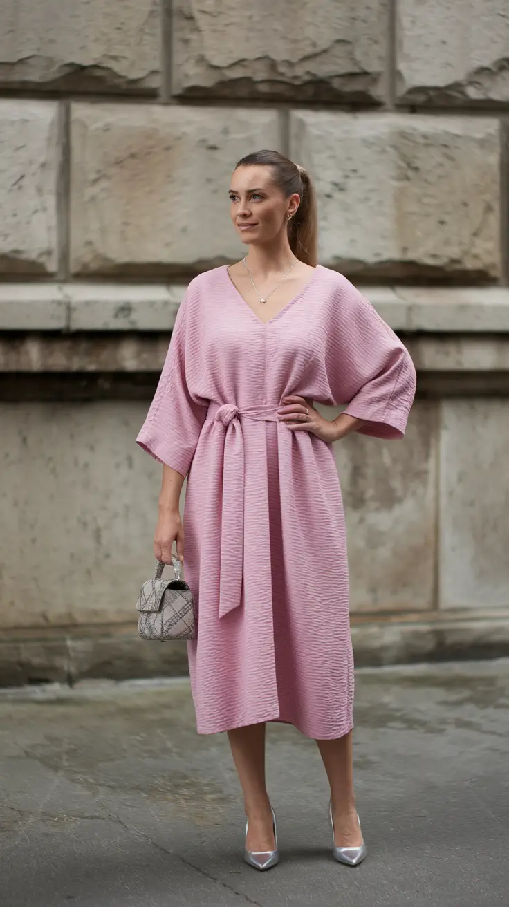 october wedding guest outfits Romantic Comfort in Blush Kimono Silhouette