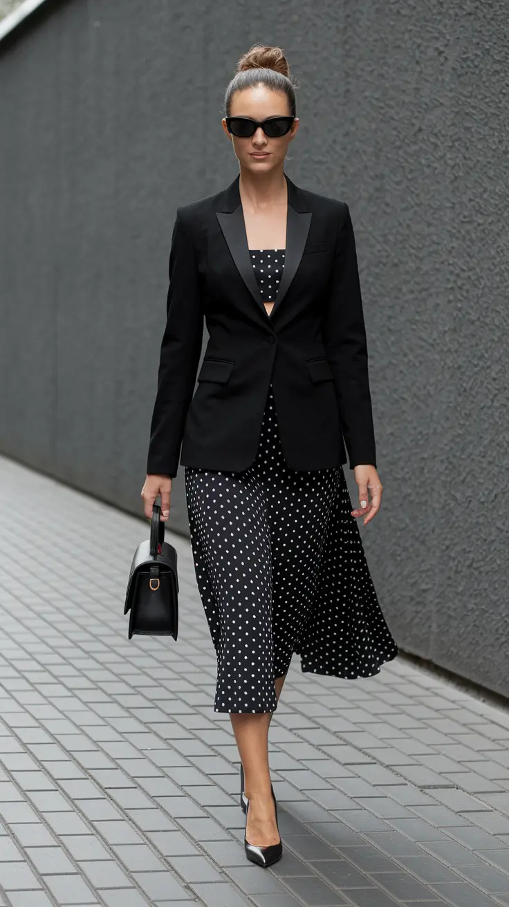 october wedding guest outfits Polka Dot Charm with Tailored Precision