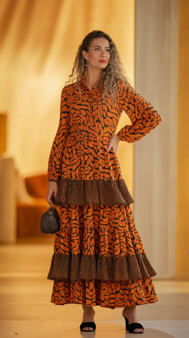 october wedding guest outfits Bold Autumn Energy in Burnt Orange Print