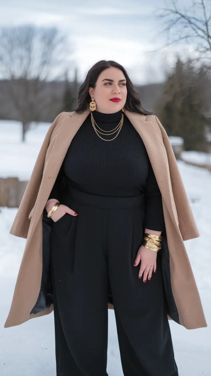 fall plus size outfits going out Chic Contrast: Camel and Black Power Combo