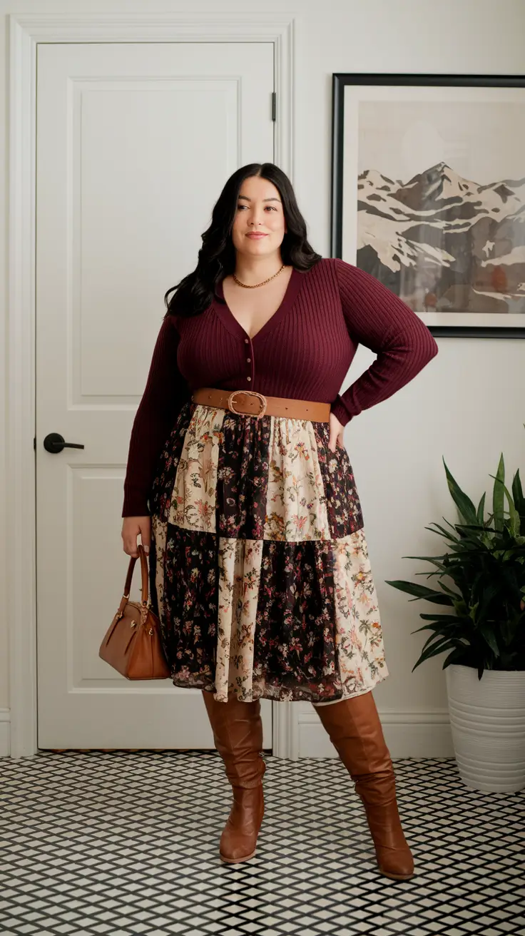 fall plus size outfits aesthetic Patchwork Florals with a Modern Belt
