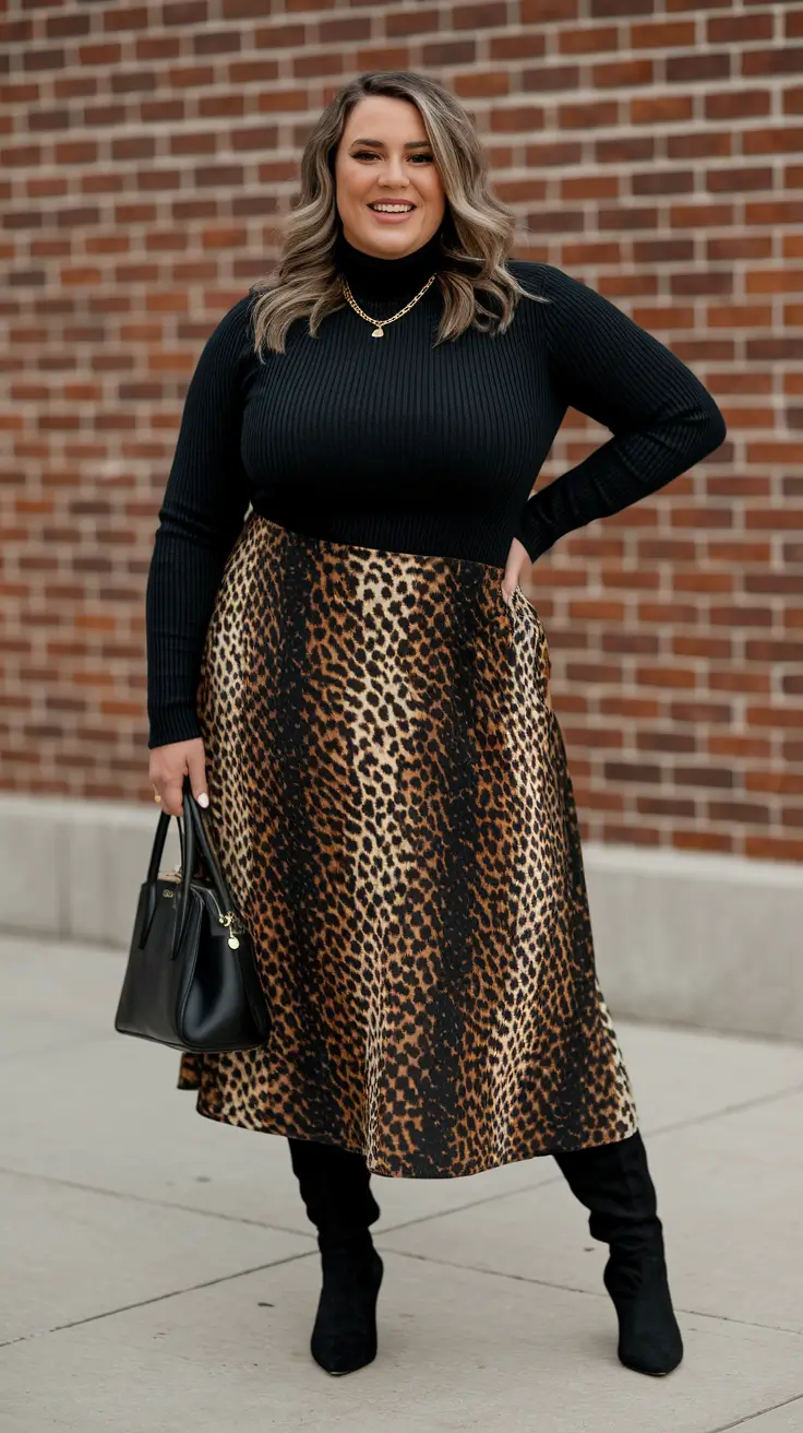 fall plus size outfits going out Black Elegance with a Wild Print Twist