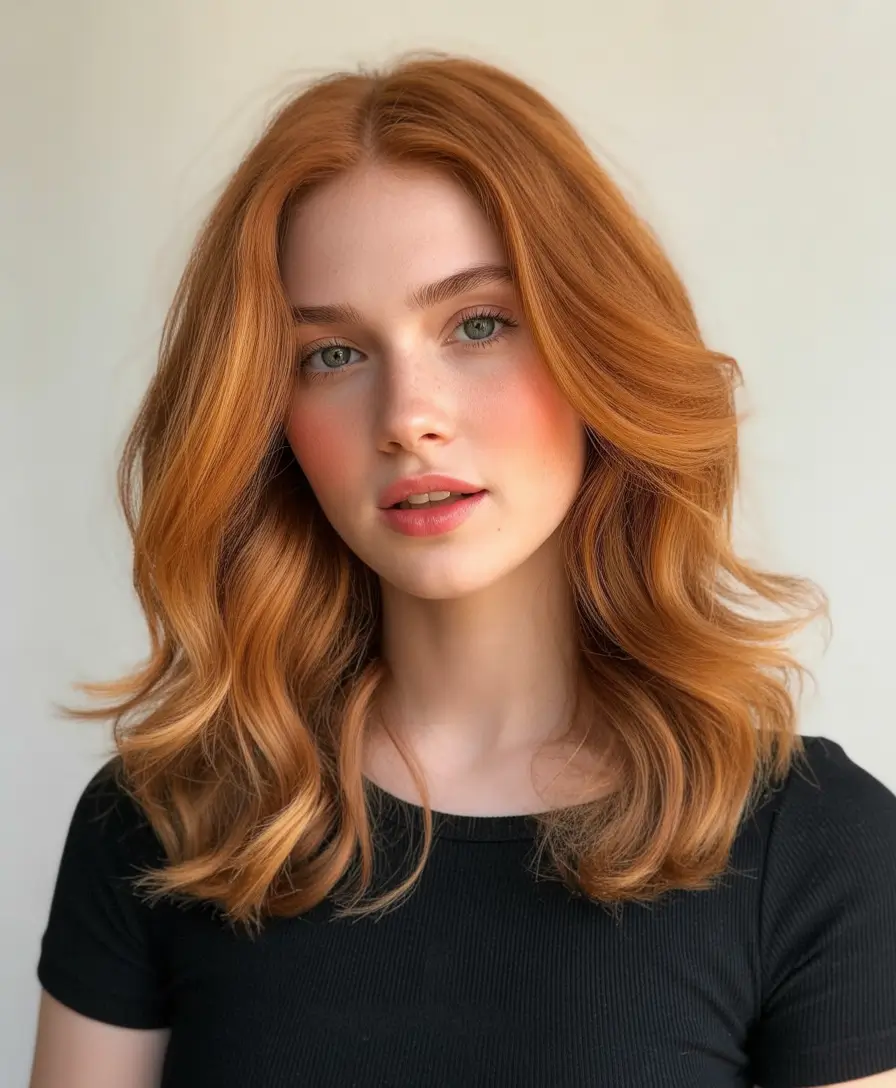 auburn fall hair color Light Auburn Mid-Length with Face-Framing Volume