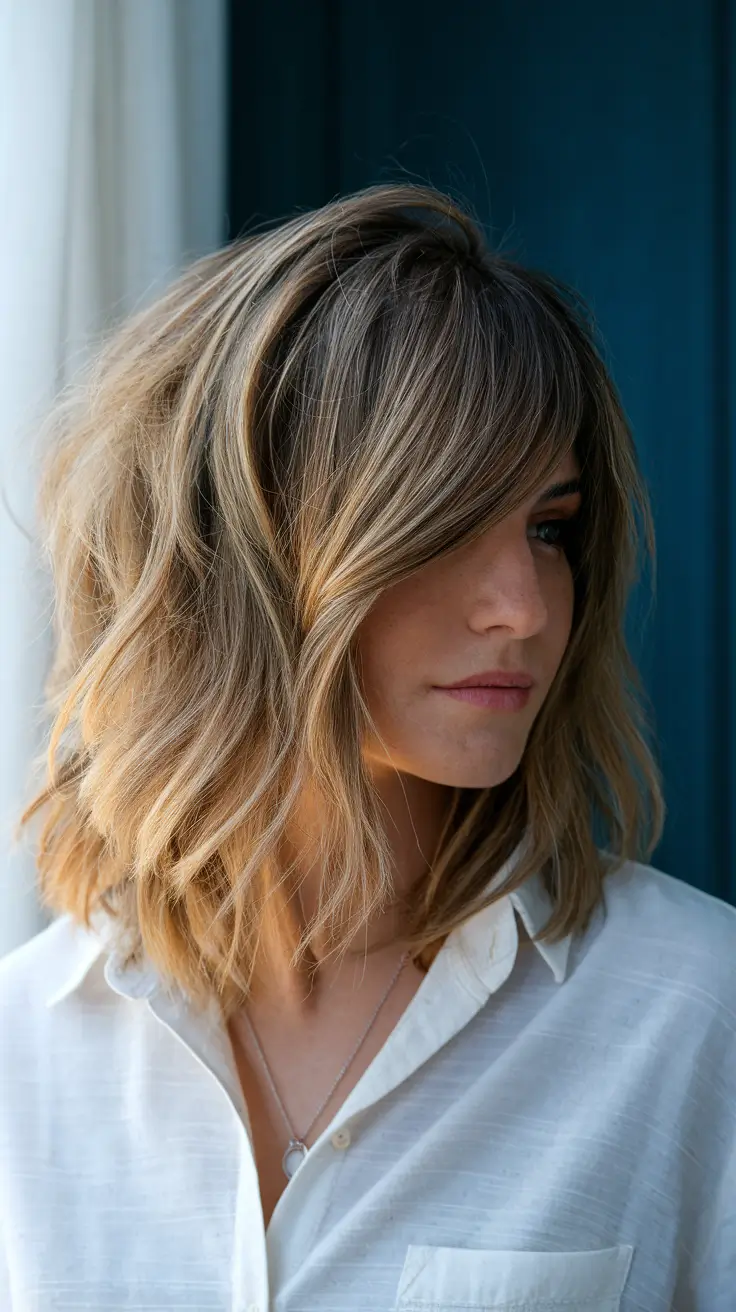 autumn fall haircuts Sunlit Shag with Side-Swept Bangs