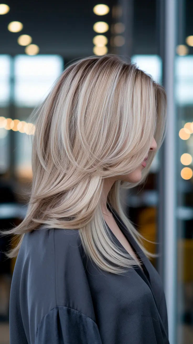 caramel fall hair colors Layered Champagne Blonde with Muted Caramel Low Lights