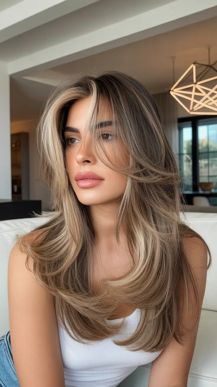 caramel fall hair colors Neutral Espresso with Caramel Feathered Layers