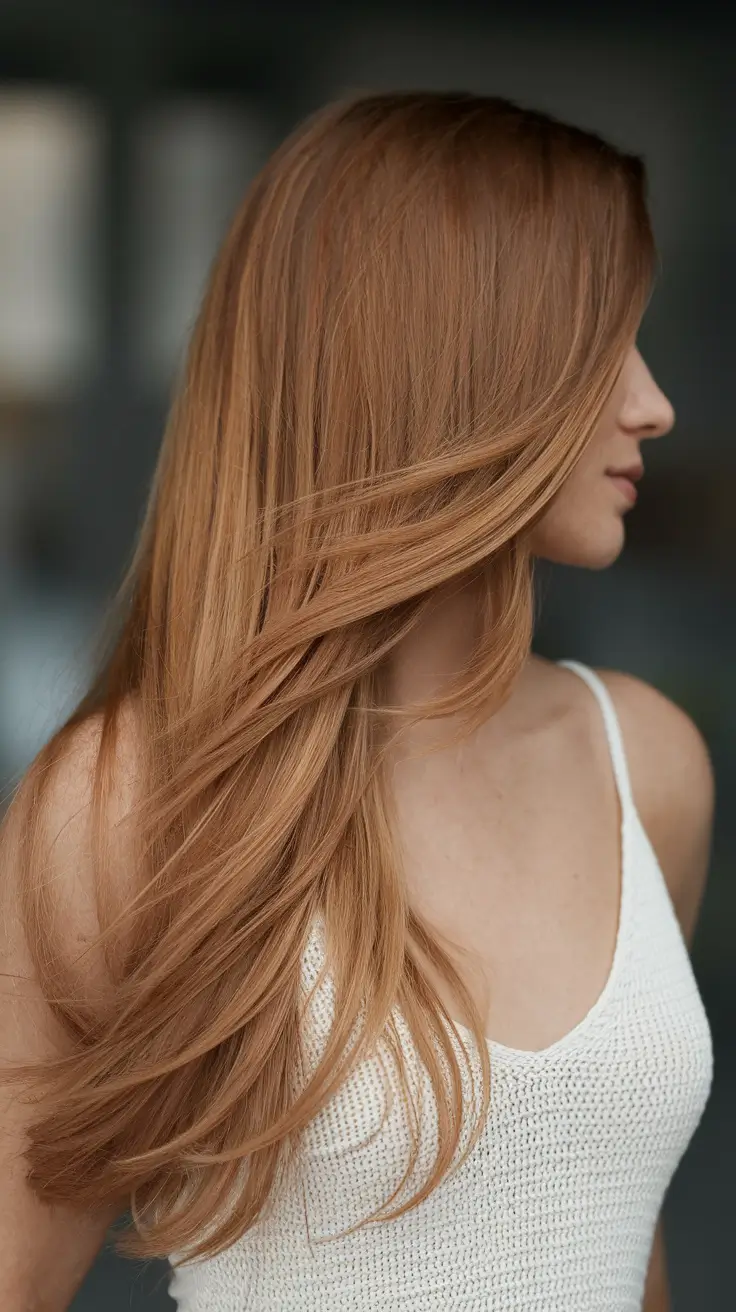 caramel fall hair colors Silky Copper Caramel with Long Layers