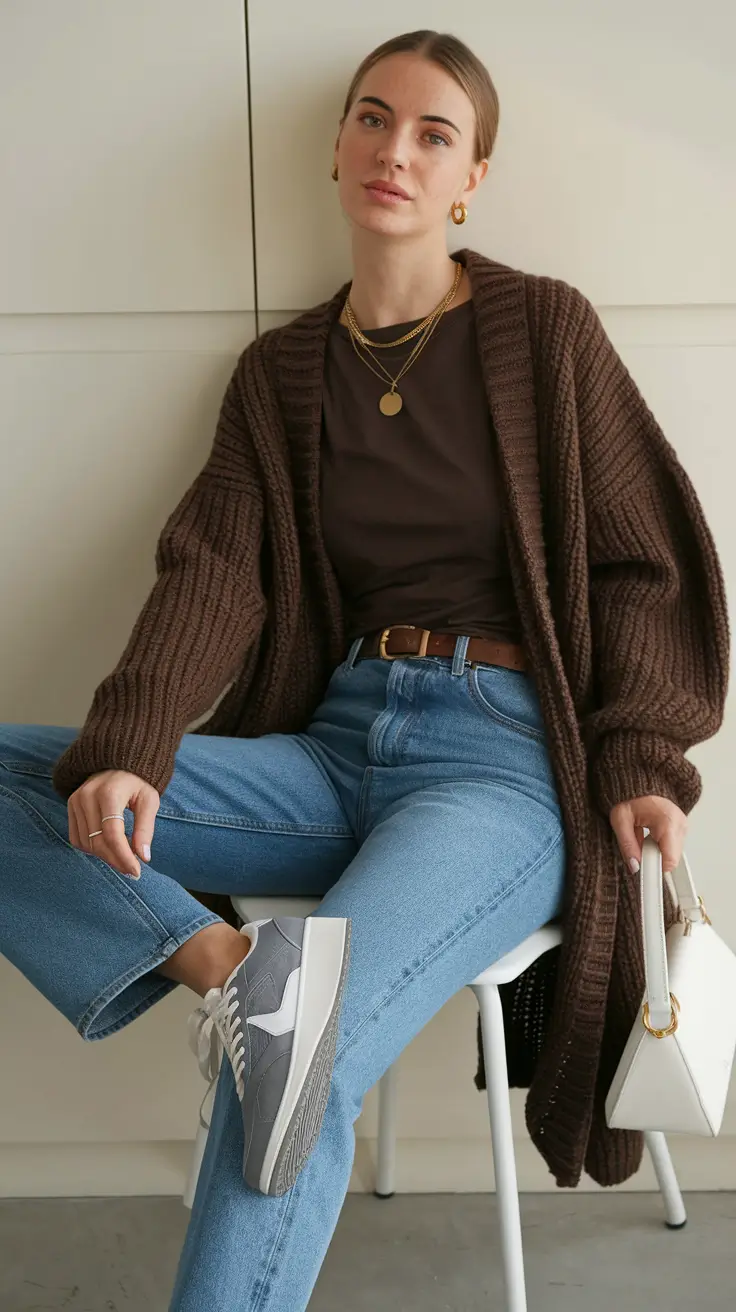 cozy fall outfits Chocolate Cardigan Layers with Golden Accents