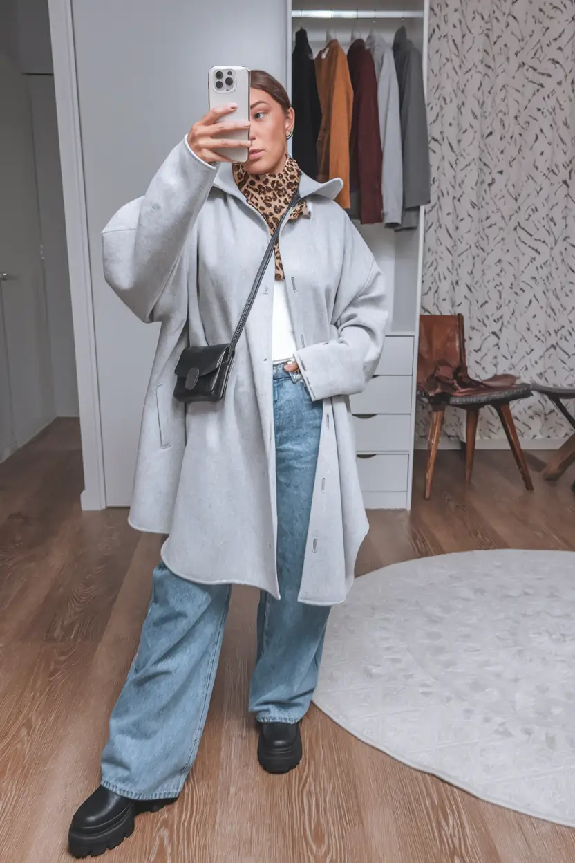 cozy fall outfits Urban Cool with Leopard and Cloud-Gray Layers