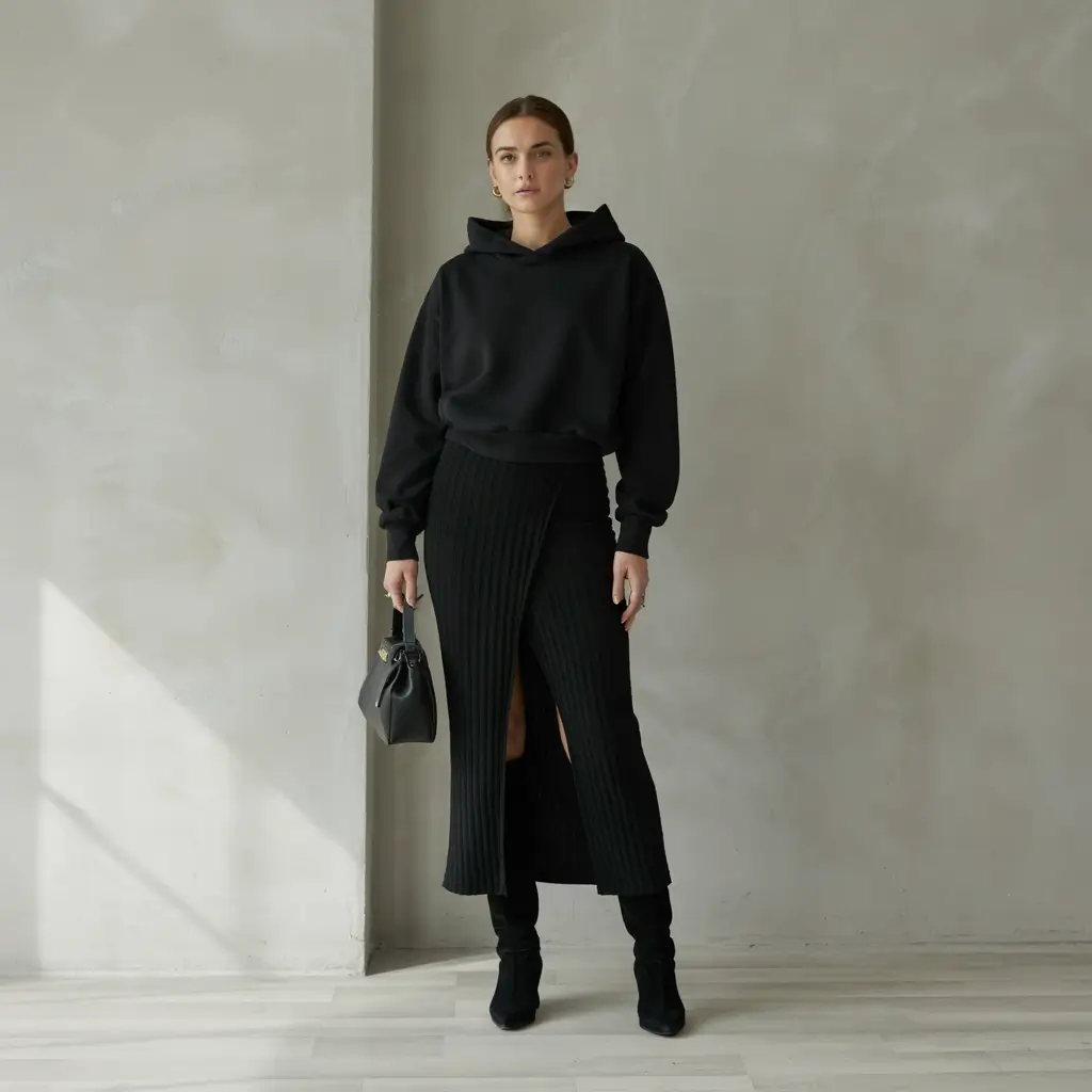 trendy fall outfits 2025 All-Black Texture Clash with Elevated Hoodie Style