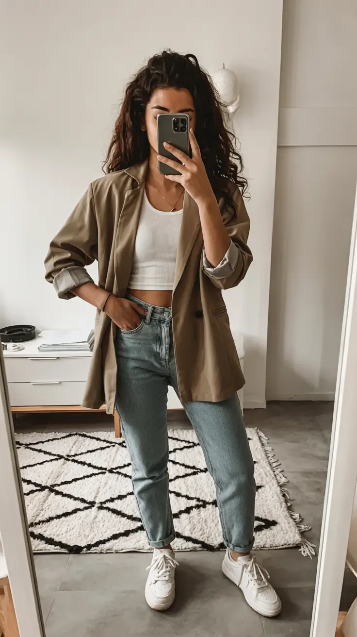 trendy fall outfits 2025 Blazer and Cropped Tank: Power Casual in Motion