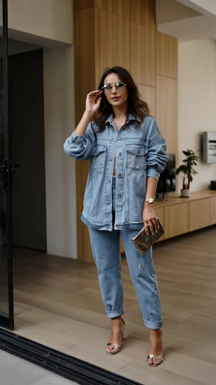 trendy fall outfits 2025 Denim-on-Denim with Metallic Highlights