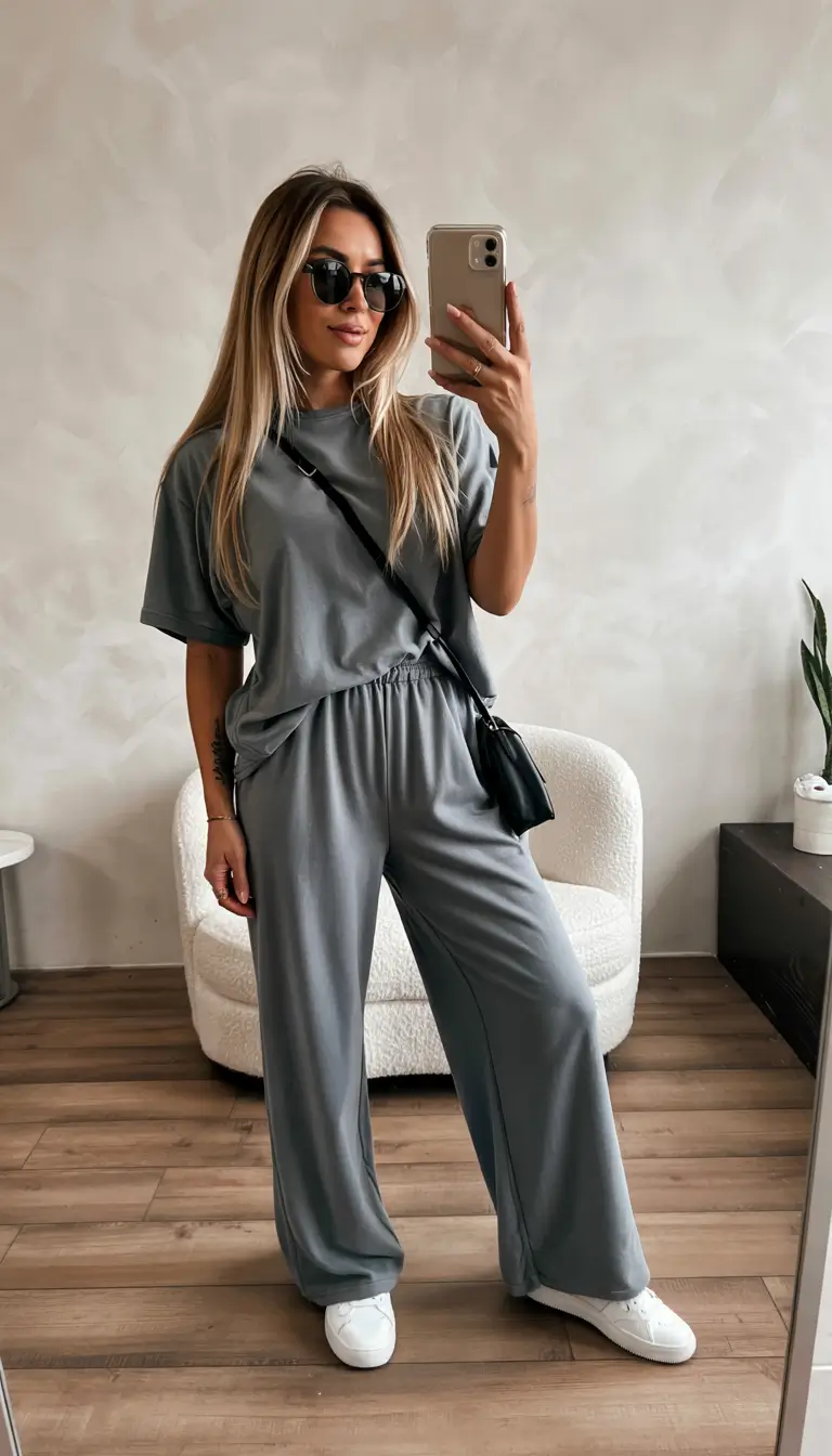 trendy fall outfits 2025 Muted Monochrome Lounge Set with Sporty Edge