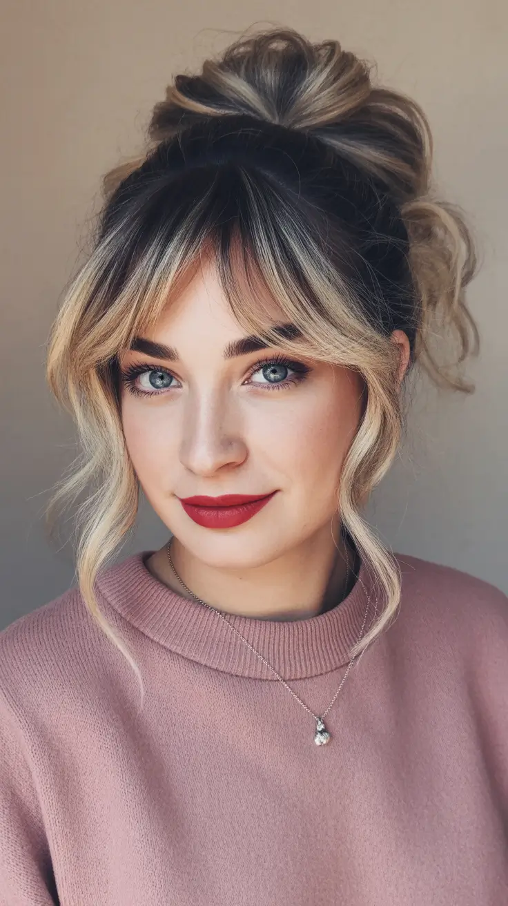 cute fall hairstyles Blonde Bangs and a Playful Volume Bun