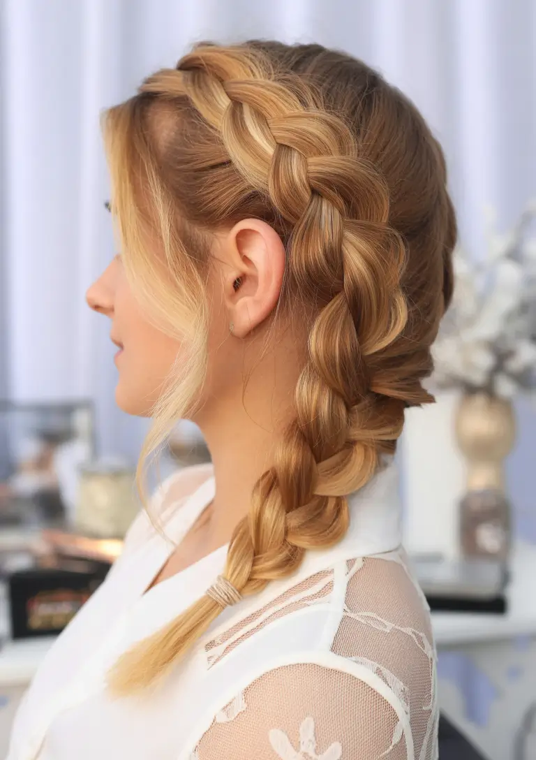 cute fall hairstyles Chunky Dutch Braid with Face-Framing Layers