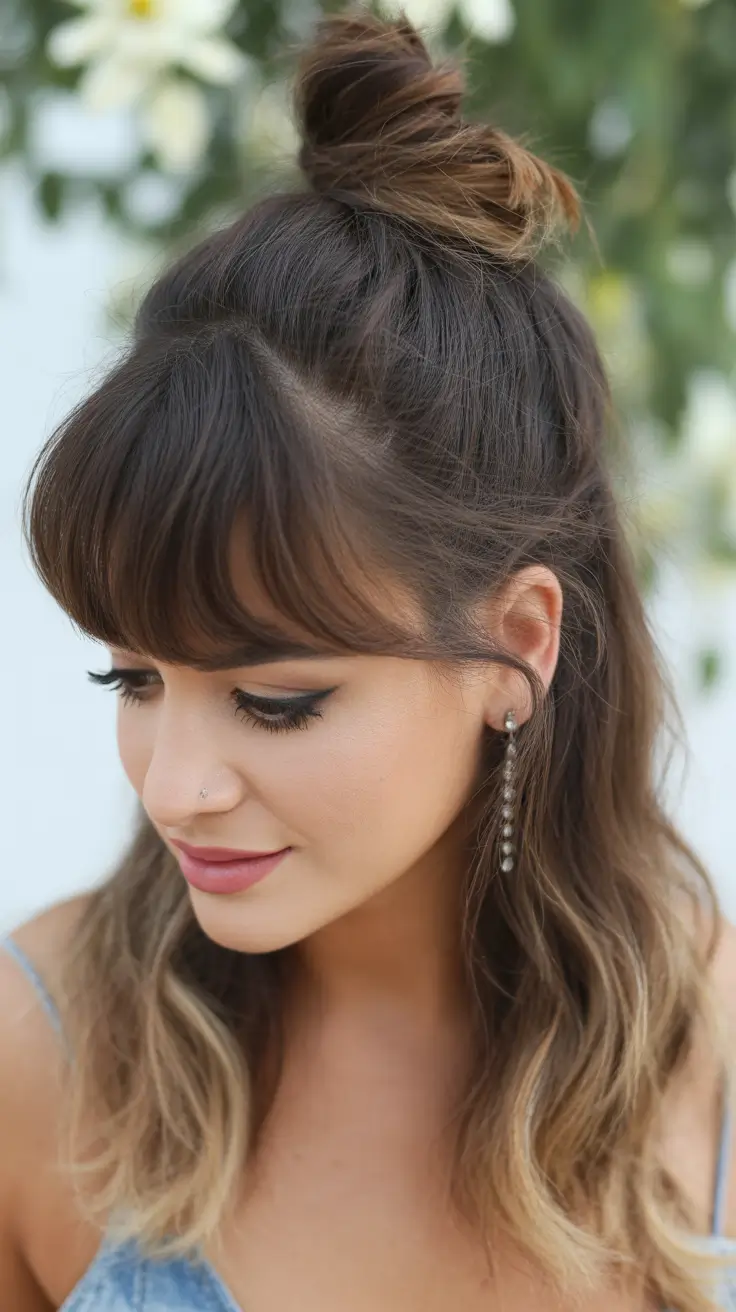 cute fall hairstyles Half-Up Bun with Bangs and Soft Waves