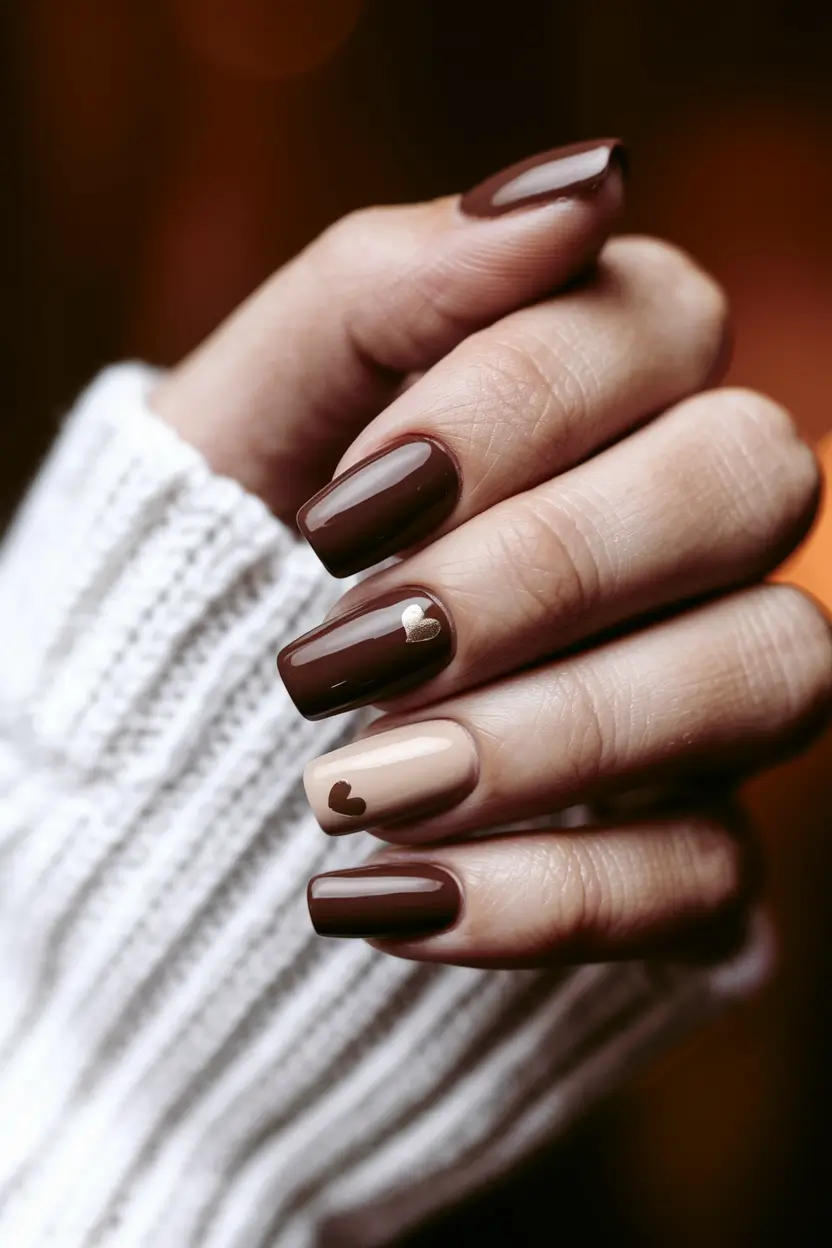 cute fall nails acrylic Chocolate Hearts and Creamy Accents