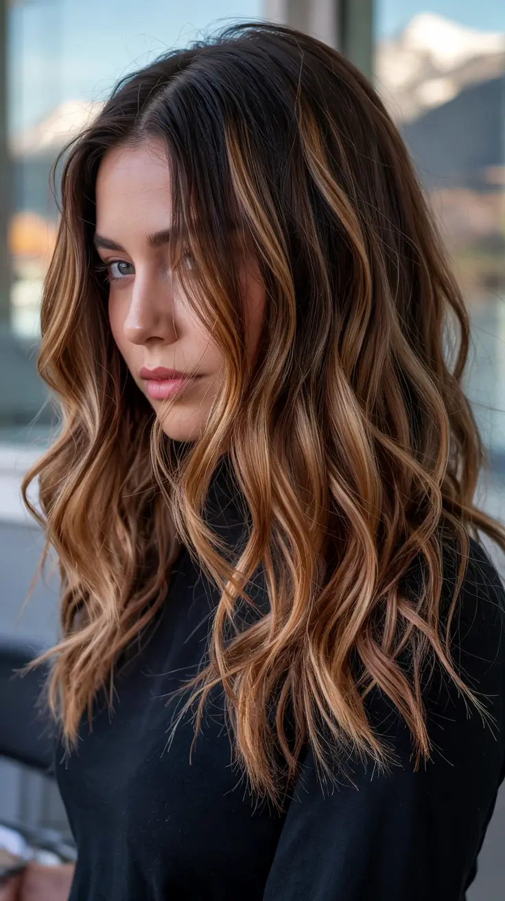 dark brown fall hair colors Golden Chestnut Waves with Caramel Movement