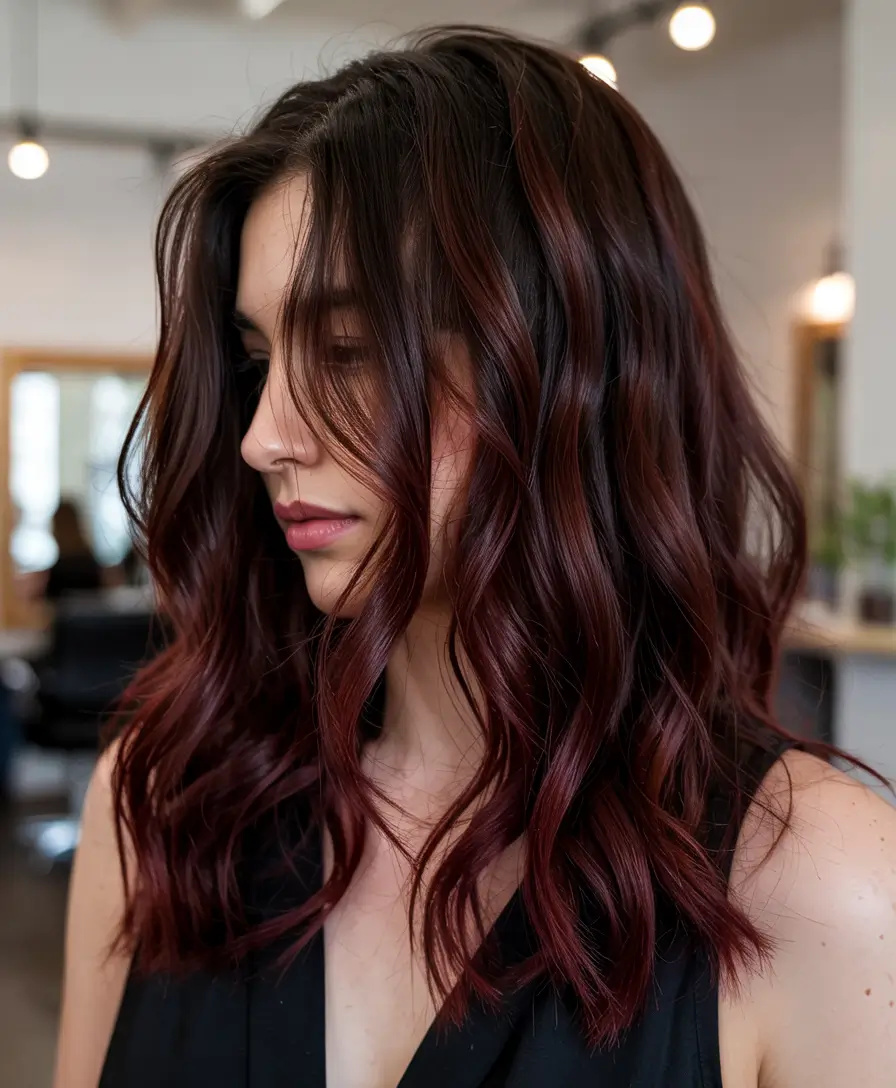 dark brown fall hair colors Bold Burgundy Waves with Subtle Black Undertones