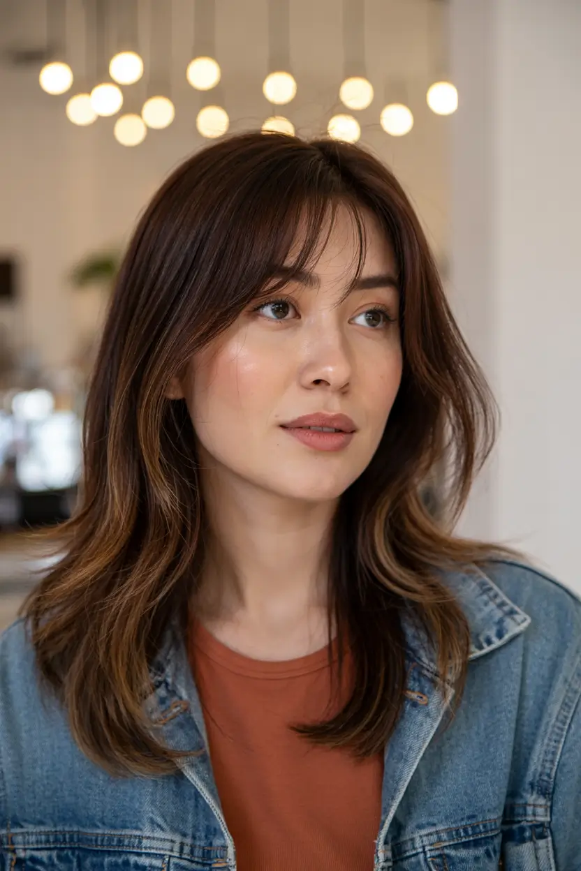 dark brown fall hair colors Layered Hazelnut Brunette with Fall Bangs