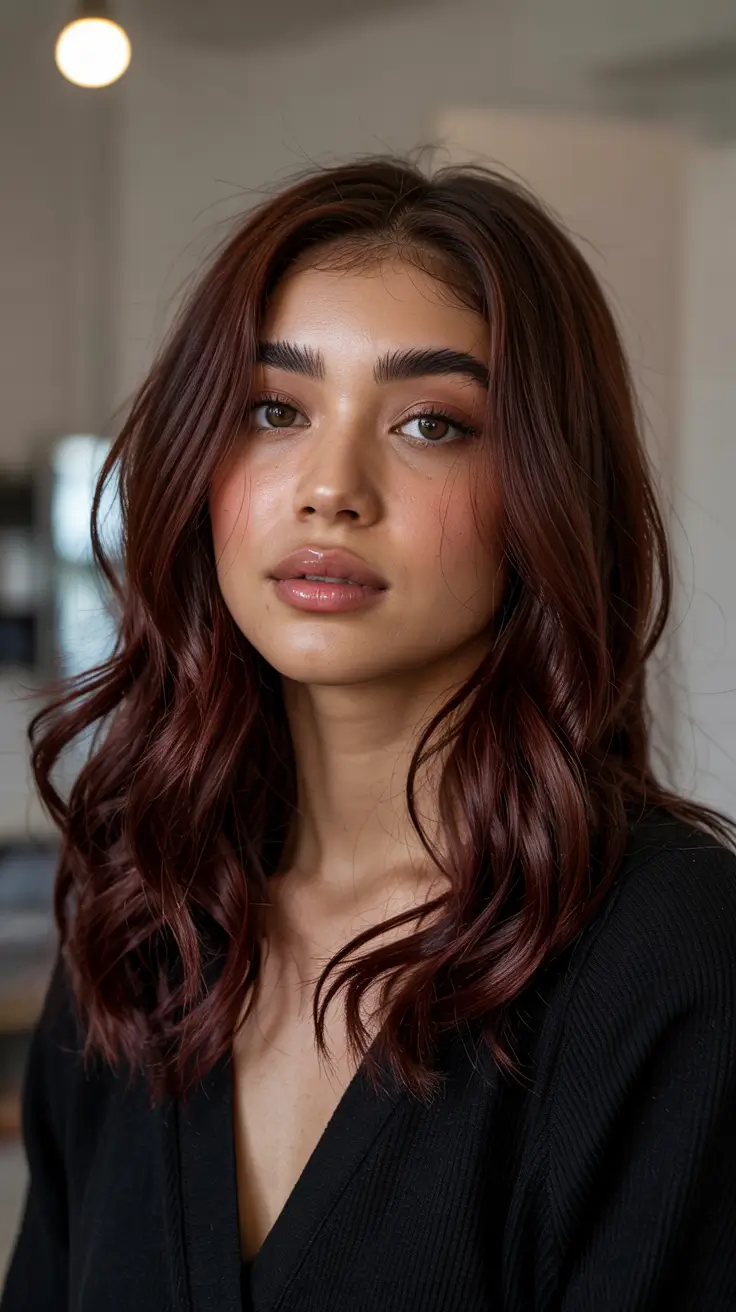 dark brown fall hair colors Glossy Mahogany Red on a Lush Lob