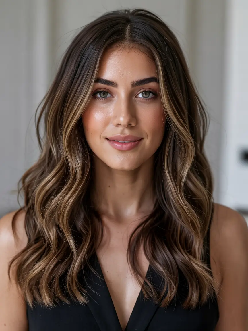 dark brown fall hair colors Soft Brunette Ribbon Balayage with Wavy Finish