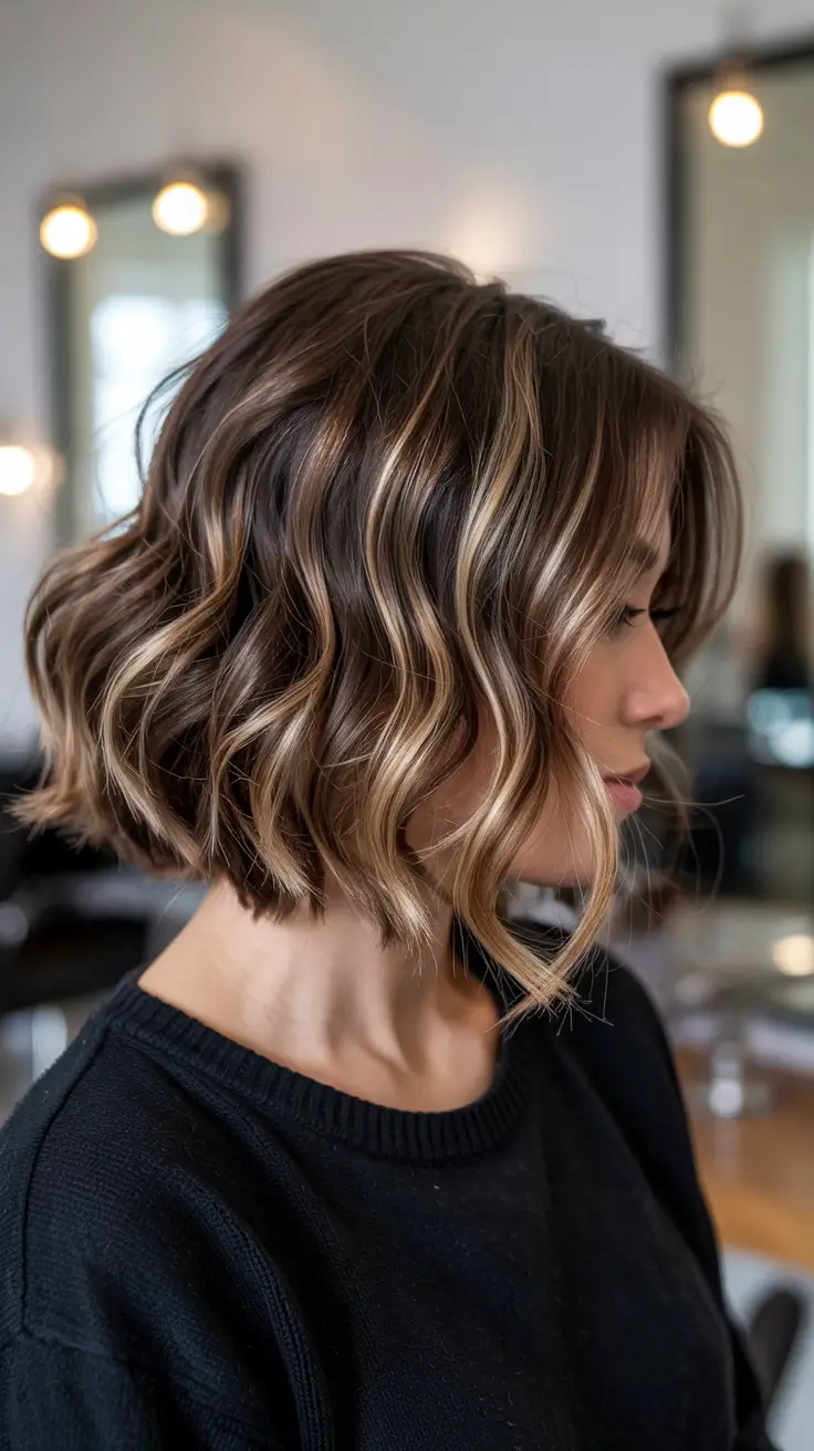 dark brown fall hair colors Curled Espresso Bob with Sunlit Balayage