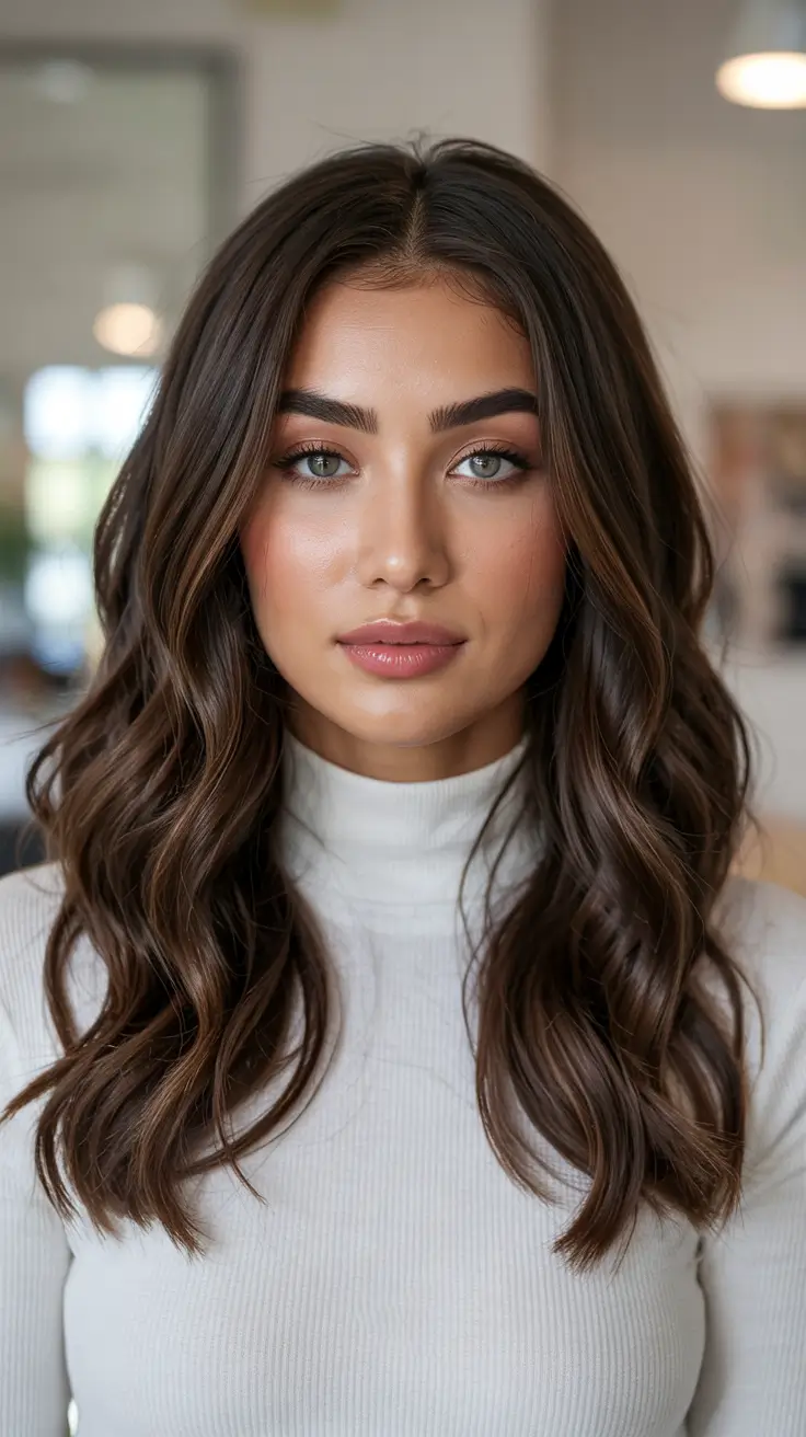 dark brown fall hair colors Silky Cocoa Layers with Natural Shine