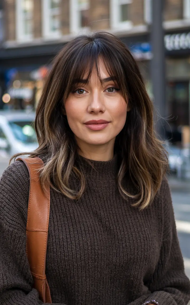 dark brown fall hair colors Chic Curtain Bangs and Golden Lowlights
