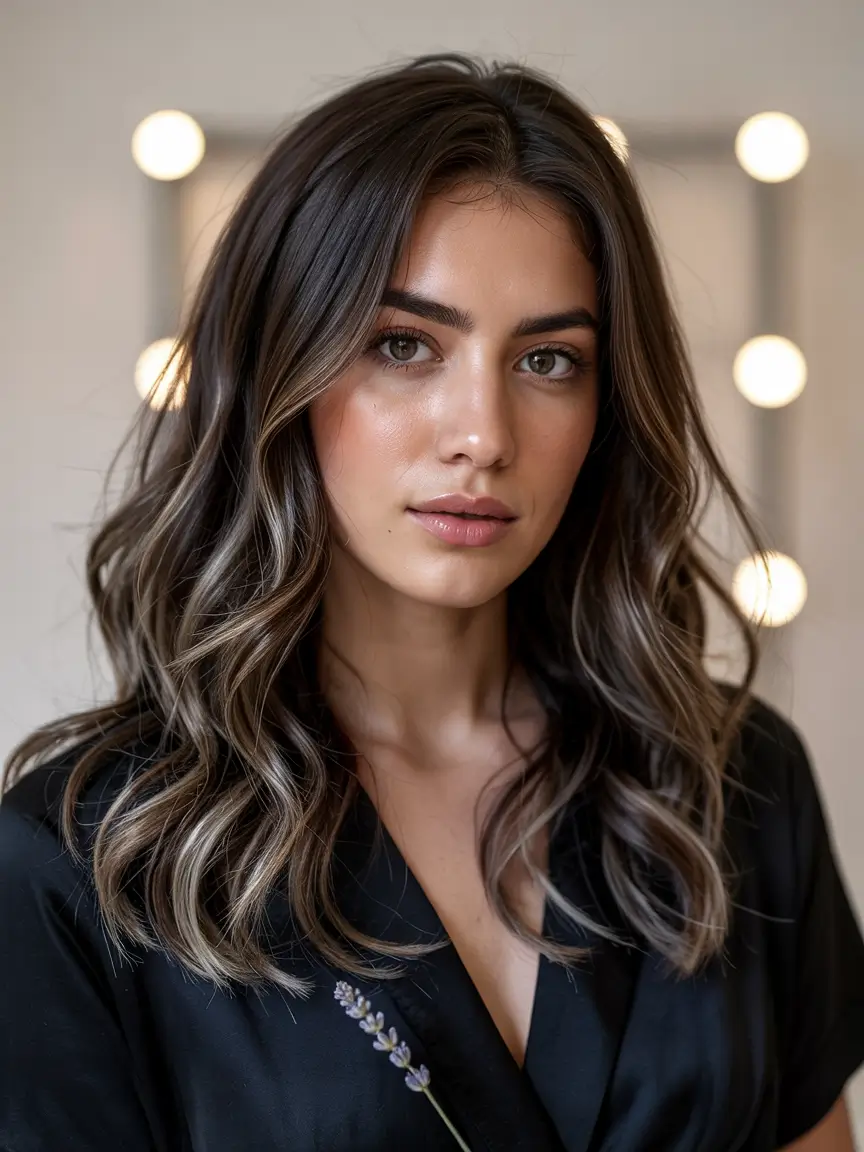 dark brown fall hair colors Smoky Espresso with Silver-Toned Balayage