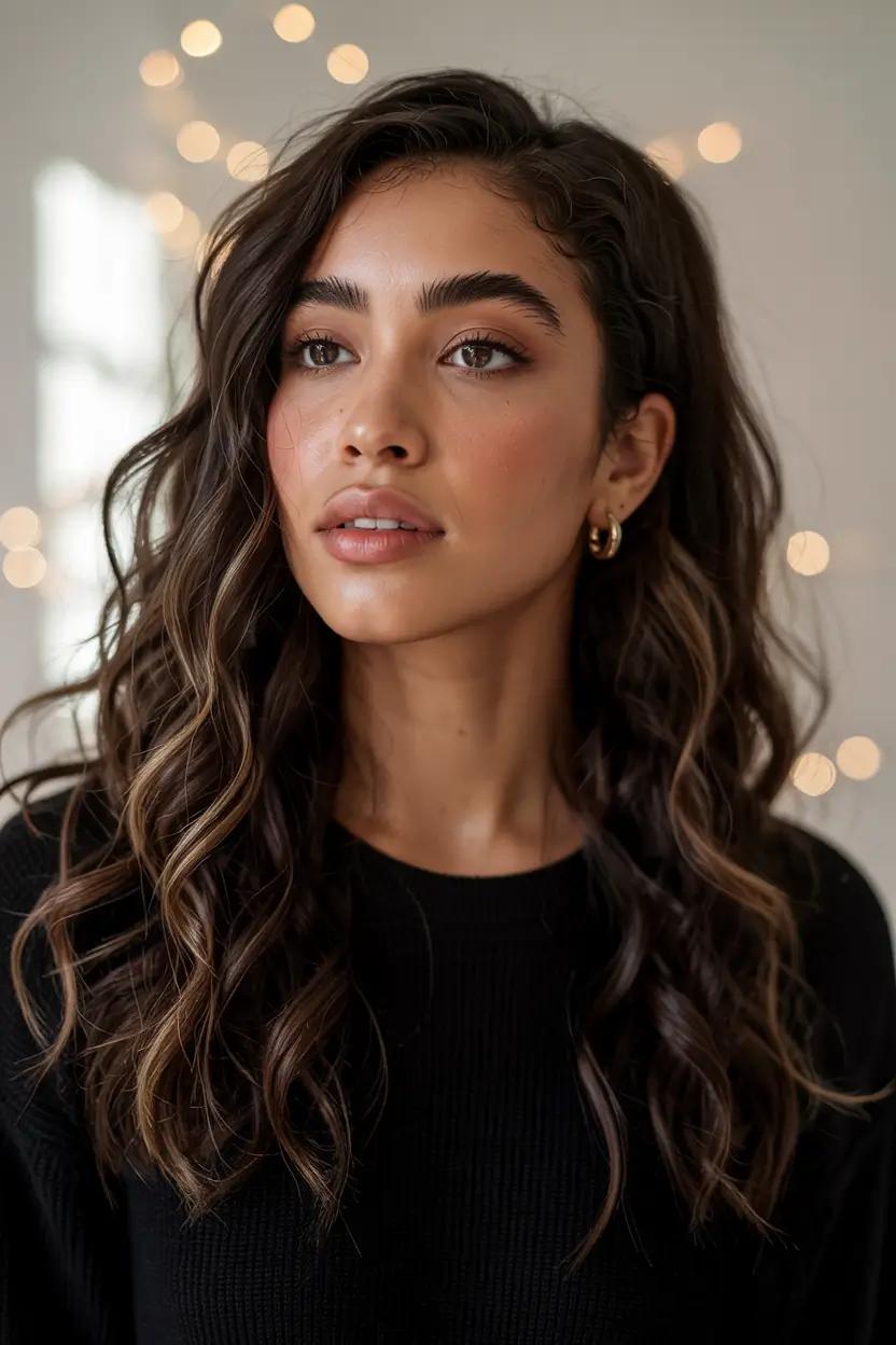 dark brown fall hair colors Warm Mocha Waves with Caramel Shimmer