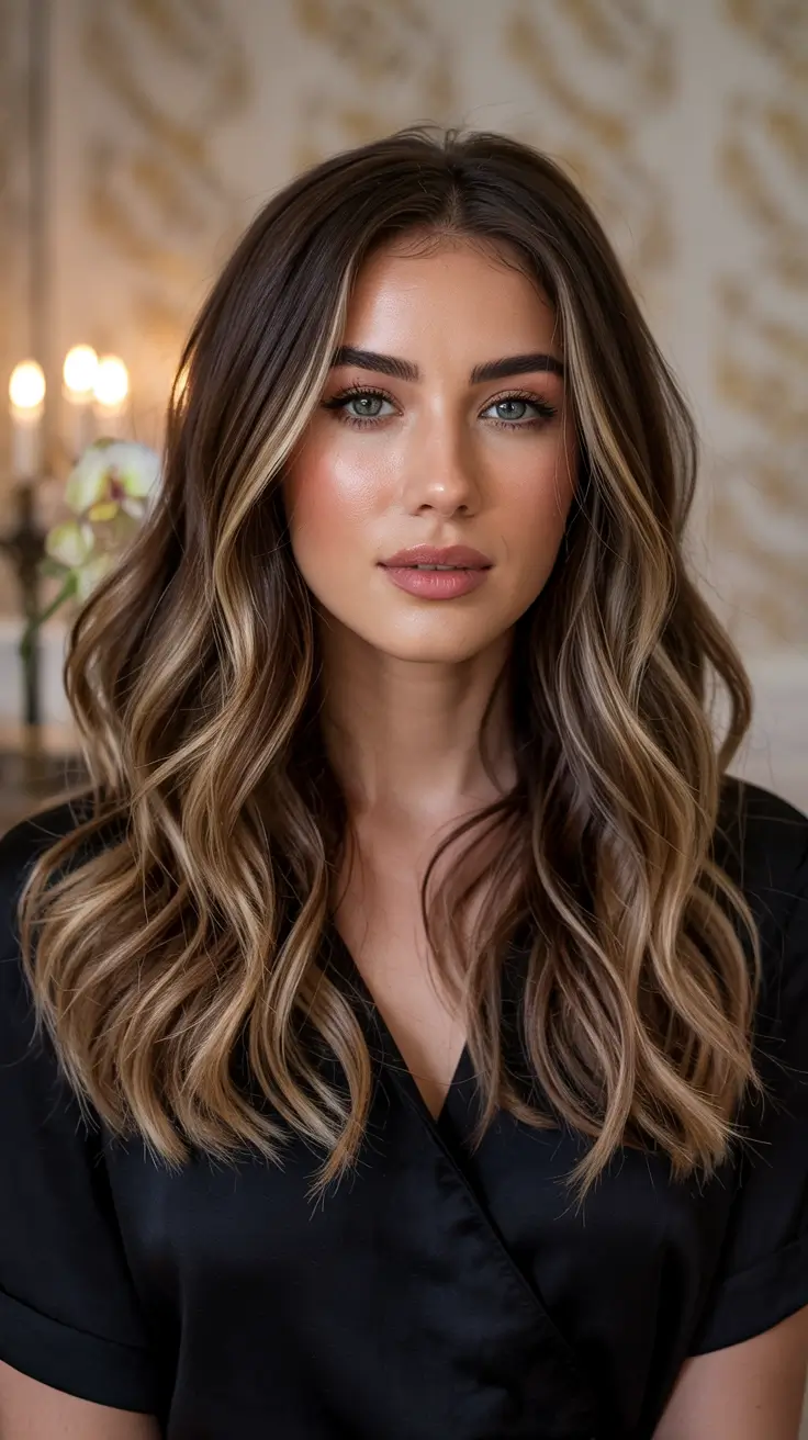 dark brown fall hair colors Toffee Ribbons Through Long Brunette Layers