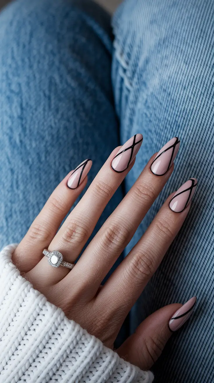 early fall nails Minimalist Swirl in Black on Nude