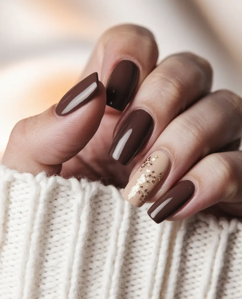 early fall nails Cocoa & Cream With Gold Sparkle