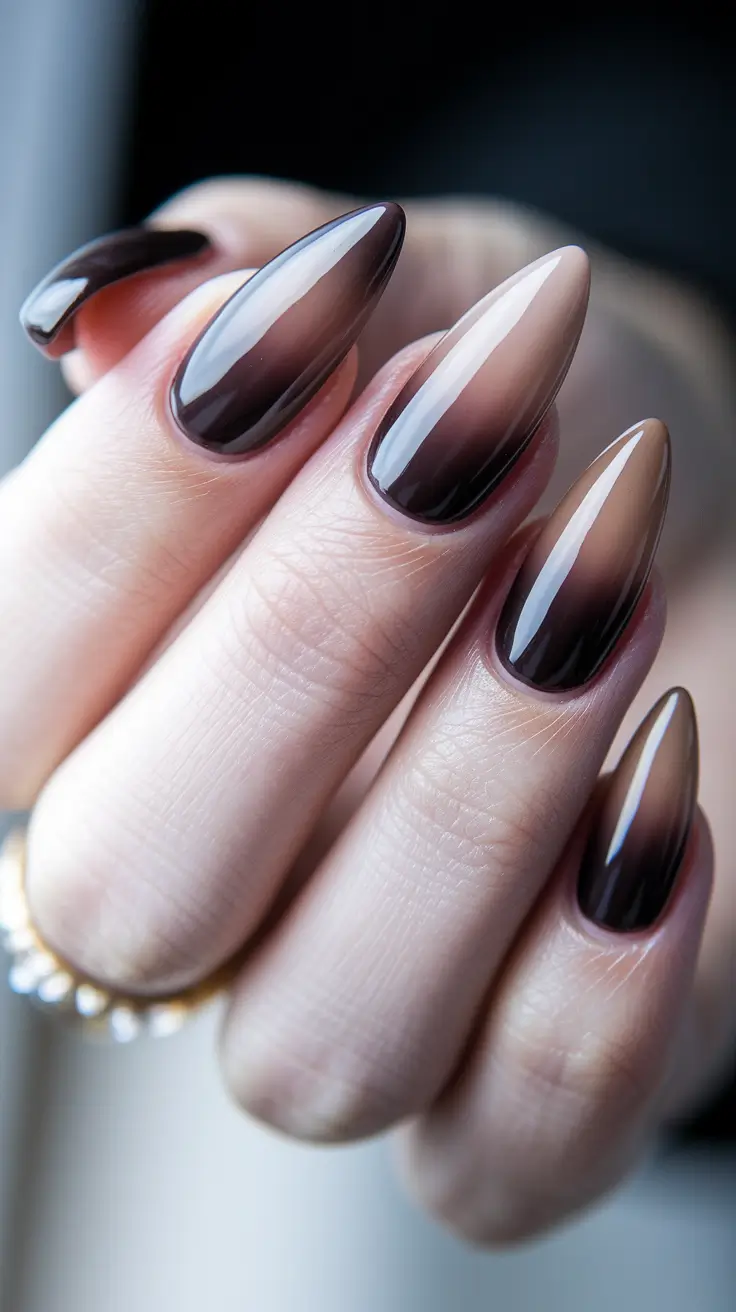 fall acrylic nails almond Glossy Mocha Fade with Almond Tips