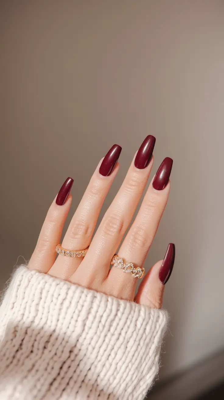 fall acrylic nails coffin Wine Glossy Coffin for Luxe Autumn Nights