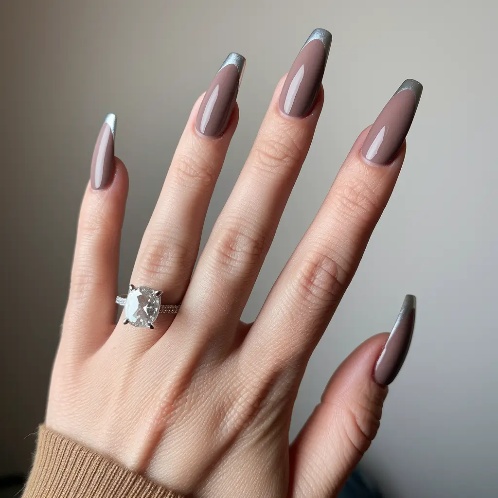 fall acrylic nails french tip Chrome-Tipped Taupe Chic
