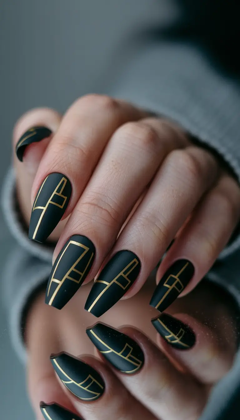fall acrylic nails autumn coffin Matte Black & Gold Geometry