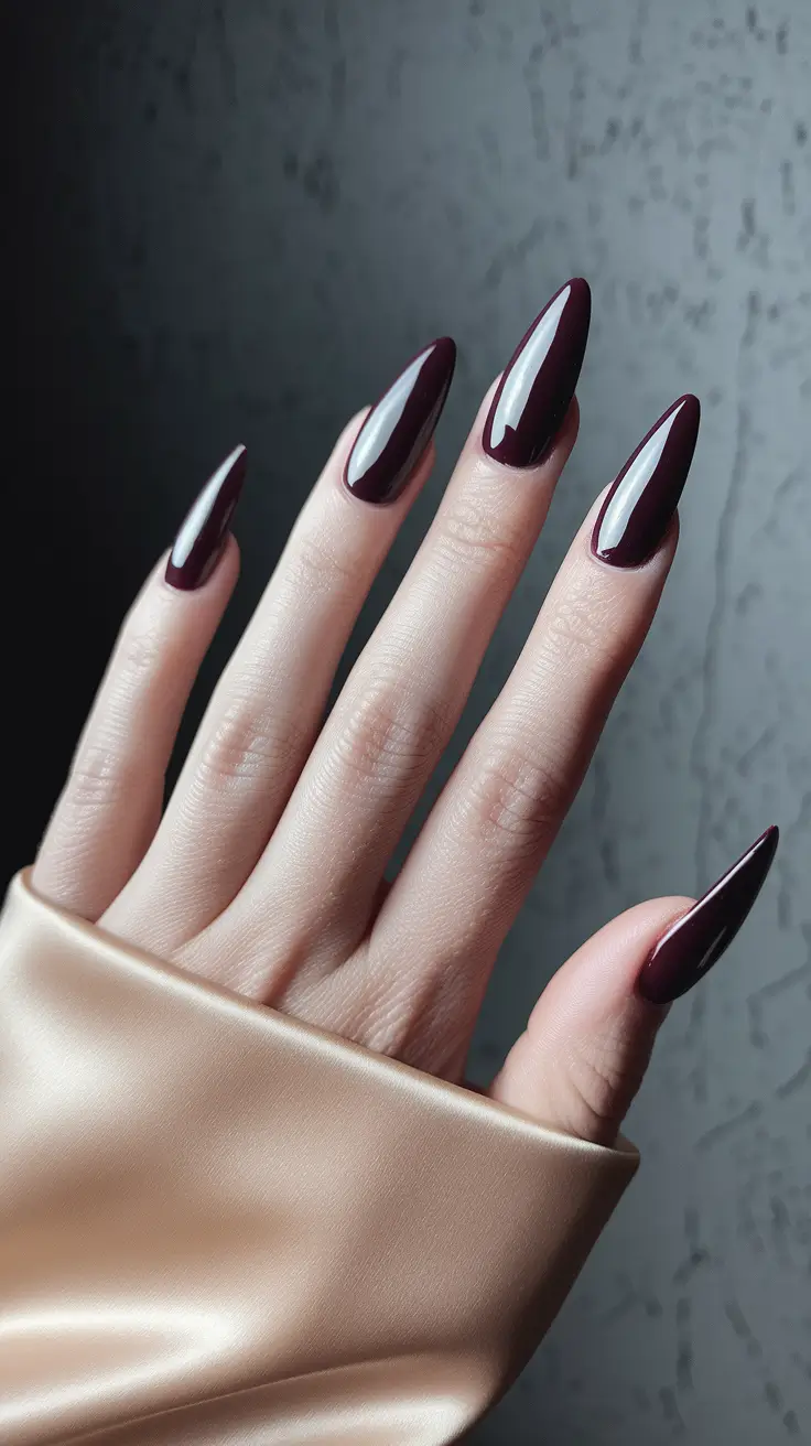 fall acrylic nails almond Deep Burgundy Drama