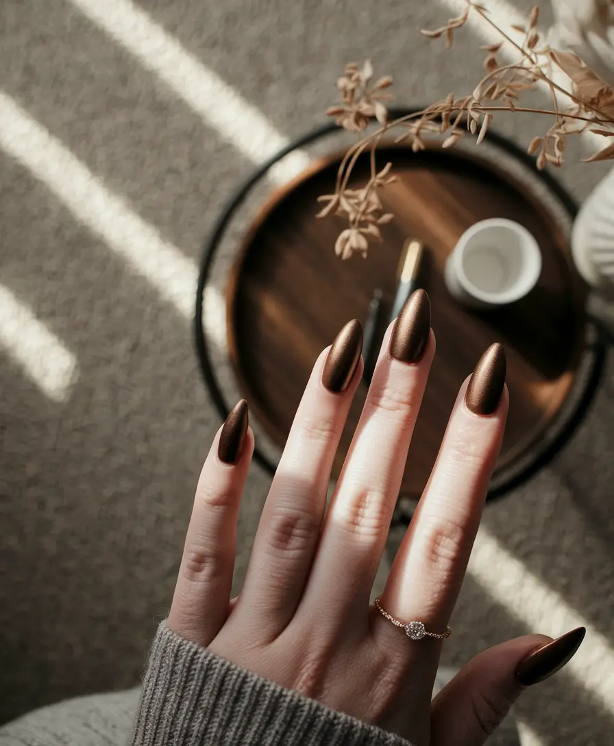 fall acrylic nails almond shape Espresso Matte Almond for Fireside Mood