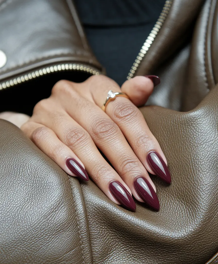 fall acrylic nails almond Glossy Wine Almond Elegance