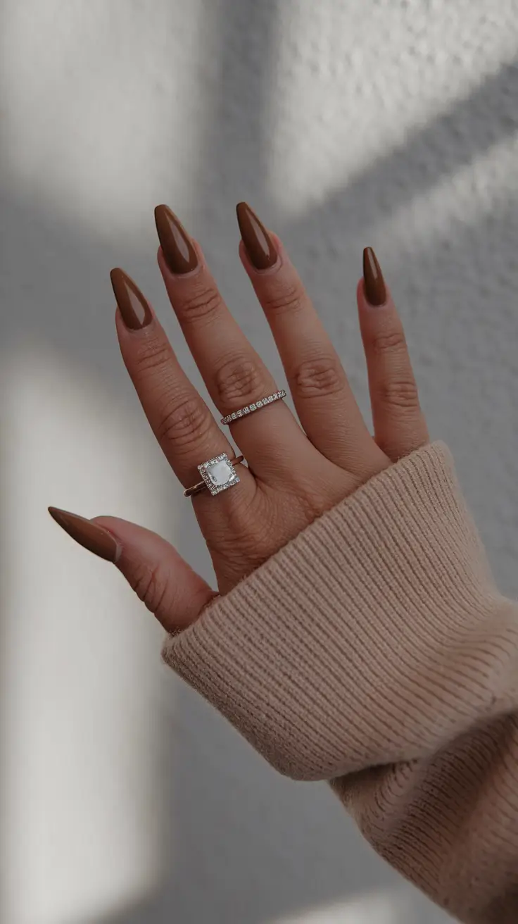 fall acrylic nails almond shape Toffee Brown Glam with a Baddie Twist