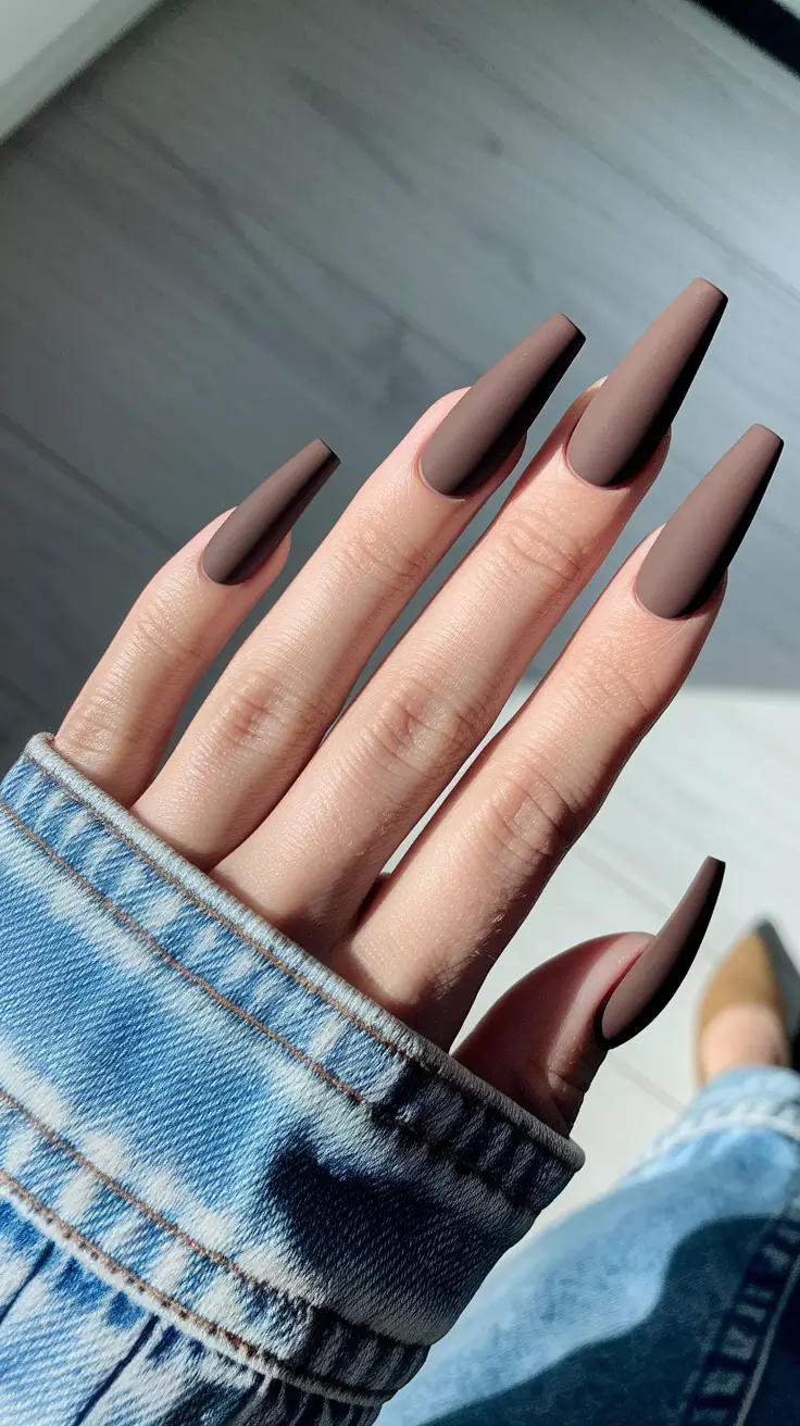 fall acrylic nails autumn coffin Matte Cocoa Coffin Moment