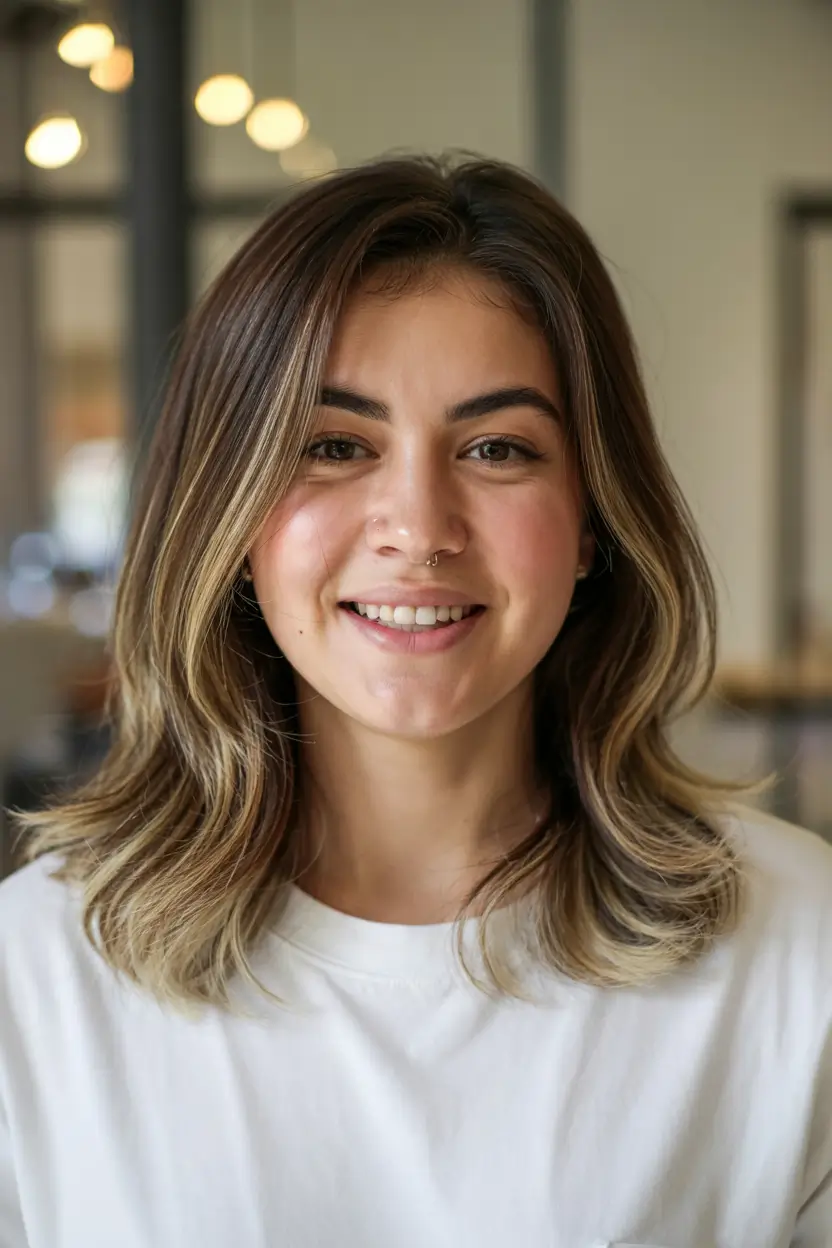 fall bob haircut Layered Long Bob with Honey Highlights