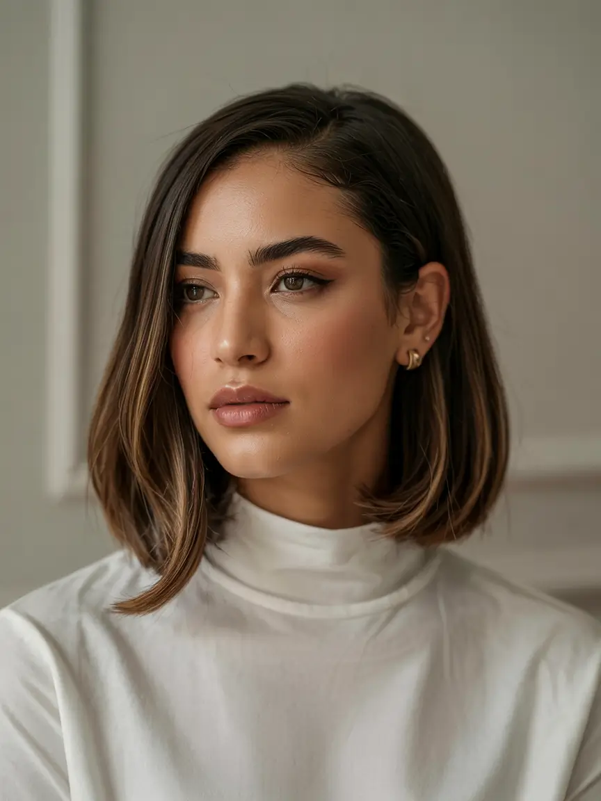 fall bob haircut Deep Side-Parted Bob with Caramel Brunette Shine