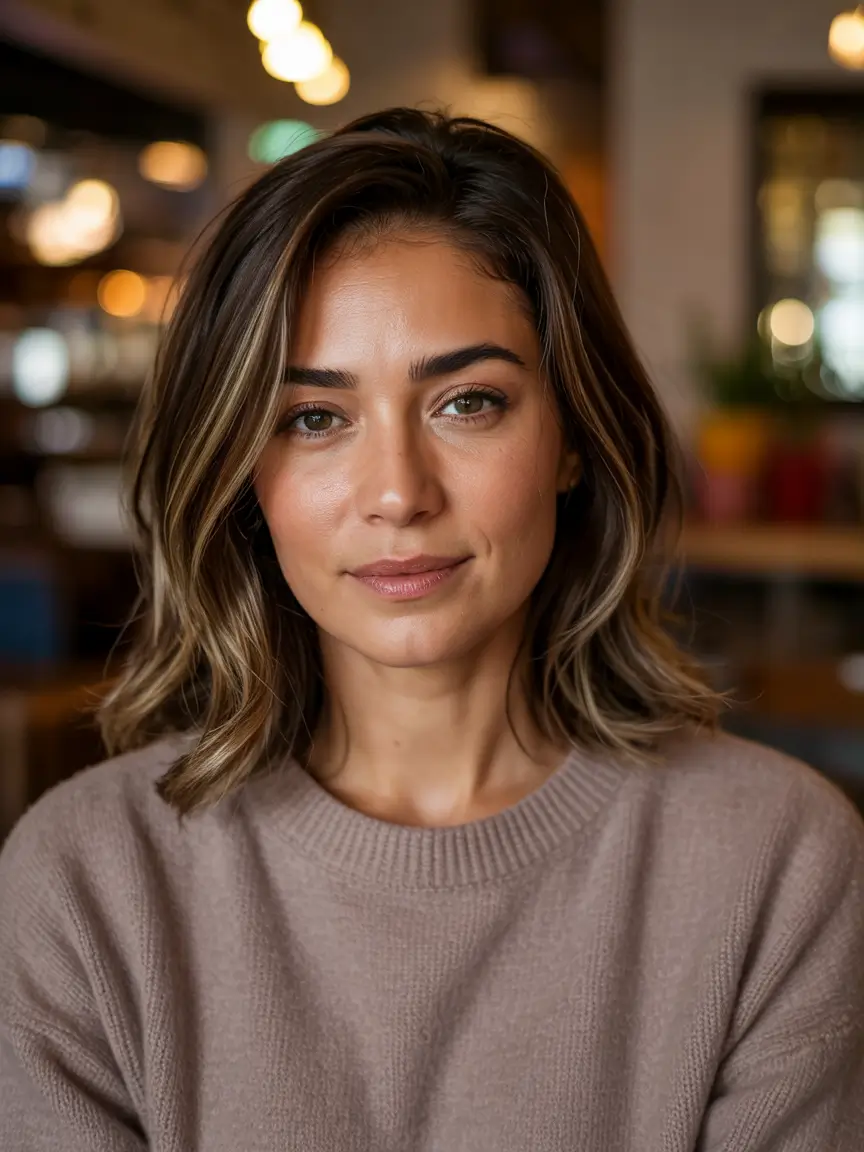 fall bob haircut Textured Lob with Rooty Highlights