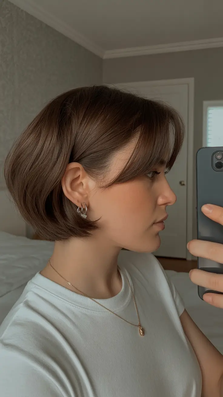 fall bob hairstyles Glossy Brunette Tapered Bob with Subtle Bangs